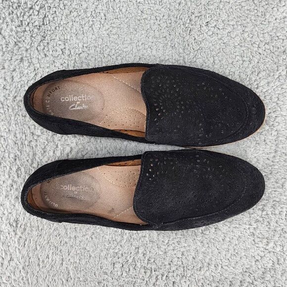 Clarks Women's Loafers Sz 6 Black Suede Laser Cut Comfort Career Office Shoes - Picture 3 of 10
